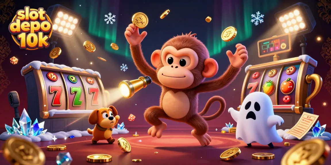 Slot depo 10k memperlihatkan karakter unik dan elemen slot di kasino yang berharga emas.