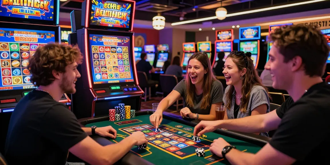 Exciting gambling scene with friends enjoying the benihtoto link slot machines in a lively casino atmosphere.