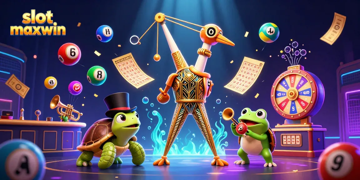 Engage with slot maxwin excitement featuring vibrant lottery balls and animated characters in a dynamic casino scene.