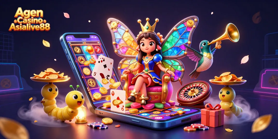 Agen Casino Asialive88 presents a vibrant illustration of a butterfly queen with gaming elements, evoking excitement.