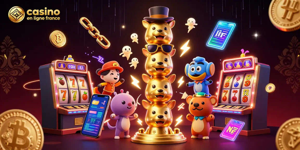 Jouez au casino en ligne France avec une illustration de machine à sous et lots colorés.