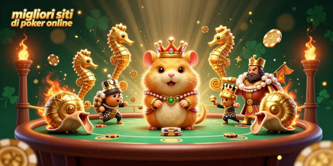 Scopri i migliori siti di poker online con il re dei criceti e i suoi guardiani sottomarini in un'illustrazione vivace.