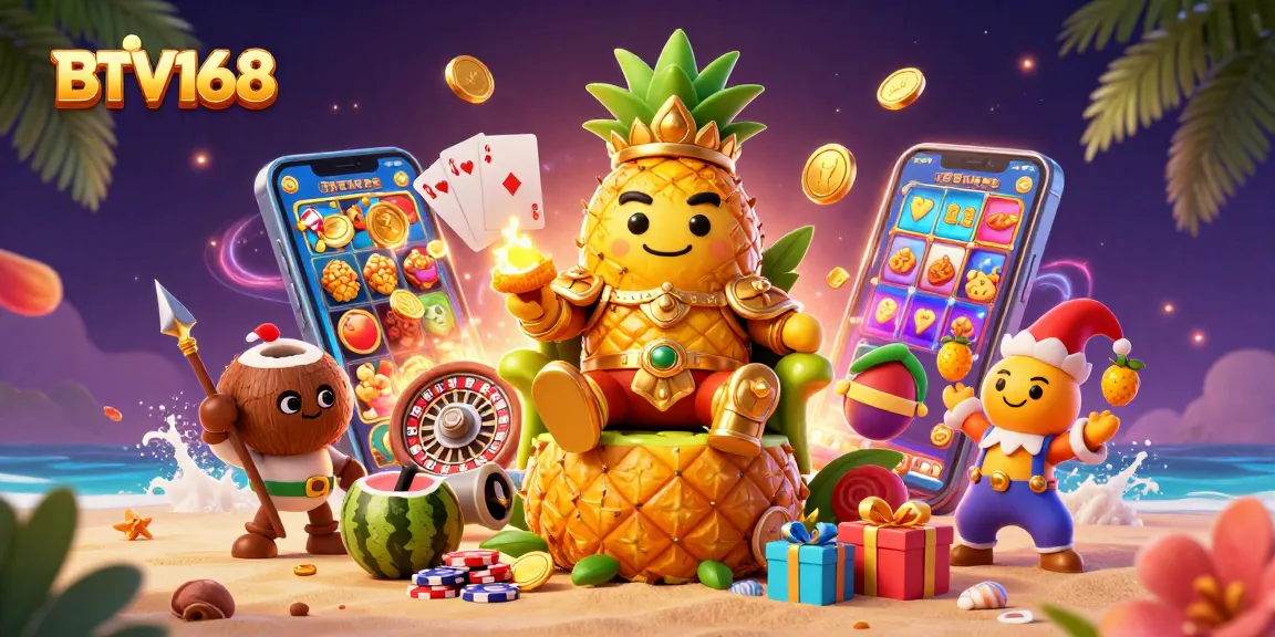 Experience the excitement of BTV168 with this vibrant casino scene featuring a pineapple king and animated games.