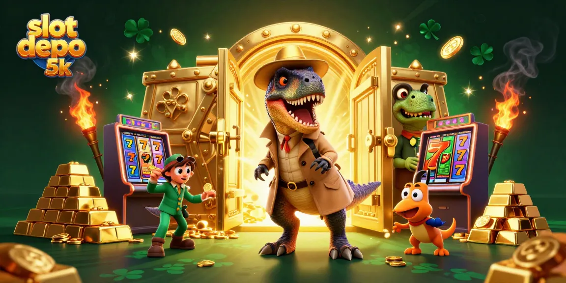 Experience the thrill at slot depo 5k with colorful slot reels amidst a dynamic 3D casino scene.