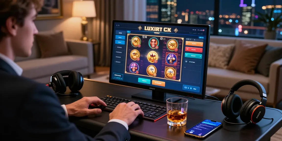 Pengalaman LUXURY111 Login dengan pemain elegan di meja permainan digital, dikelilingi suasana mewah.