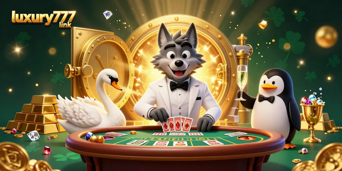 Engage with the luxury777 link at a baccarat table featuring dynamic casino elements and characters.