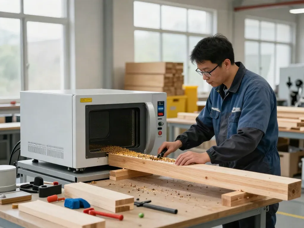 SHASHEL® microwave equipment in action for safe woodworm elimination in a bright workshop.