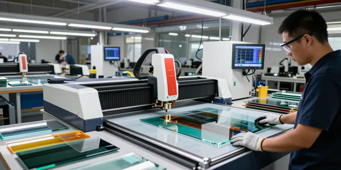 CNC glass cutting machine in a high-tech workshop with a technician operating it, showcasing advanced glass processing technology.