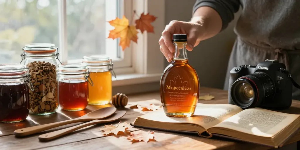 Artisan preparing Maplelixir with Canadian maple syrup and honey in a rustic kitchen.