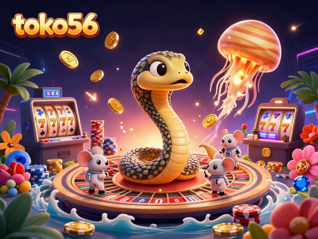 Permainan slot di toko56 dengan simbol keberuntungan dan chip berwarna-warni.