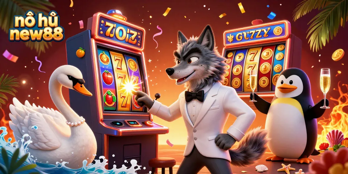 Experience nổ hũ new88 excitement as players hit the jackpot with vibrant slots and joyful characters celebrating victory.