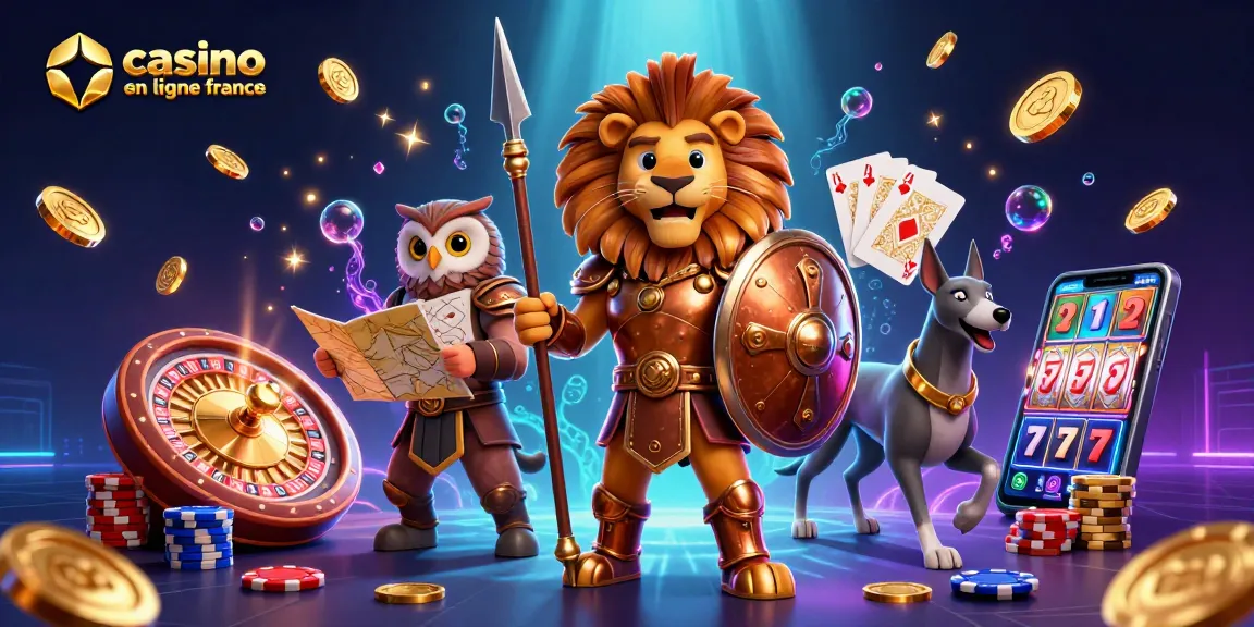 Participez à un gameplay palpitant au casino en ligne France mettant en scène une scène dynamique de personnages et d'éléments de casino.