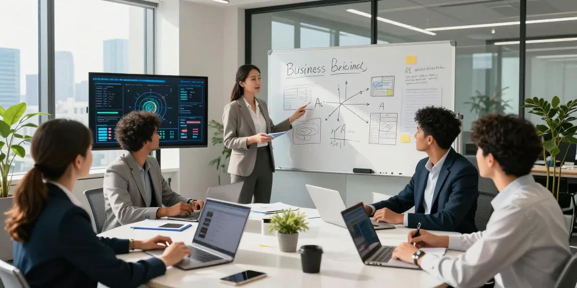 Team brainstorming innovative strategies leveraging AI for business in a modern corporate setting.