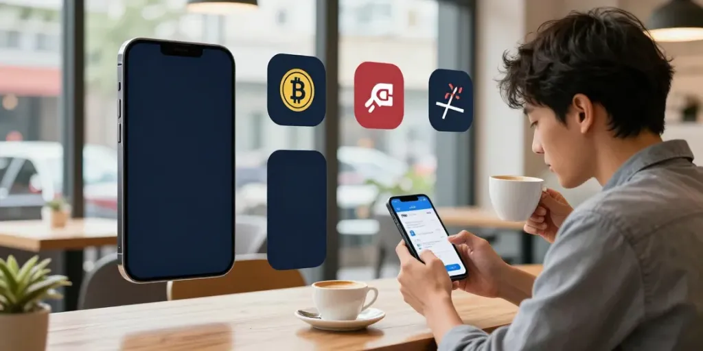Engaged user swiping on Swipe1 mobile app for 무료 에어드랍 in a modern café, showcasing community interactions.