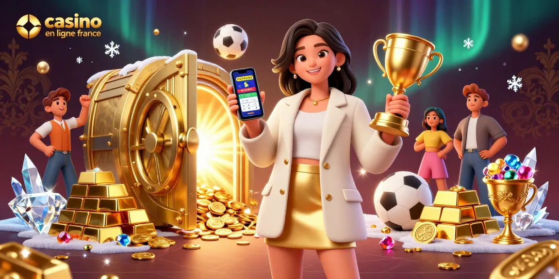 Interagissez avec le casino en ligne France dans une scène numérique 3D captivante mettant en vedette une application de paris et des éléments de jeu luxueux.