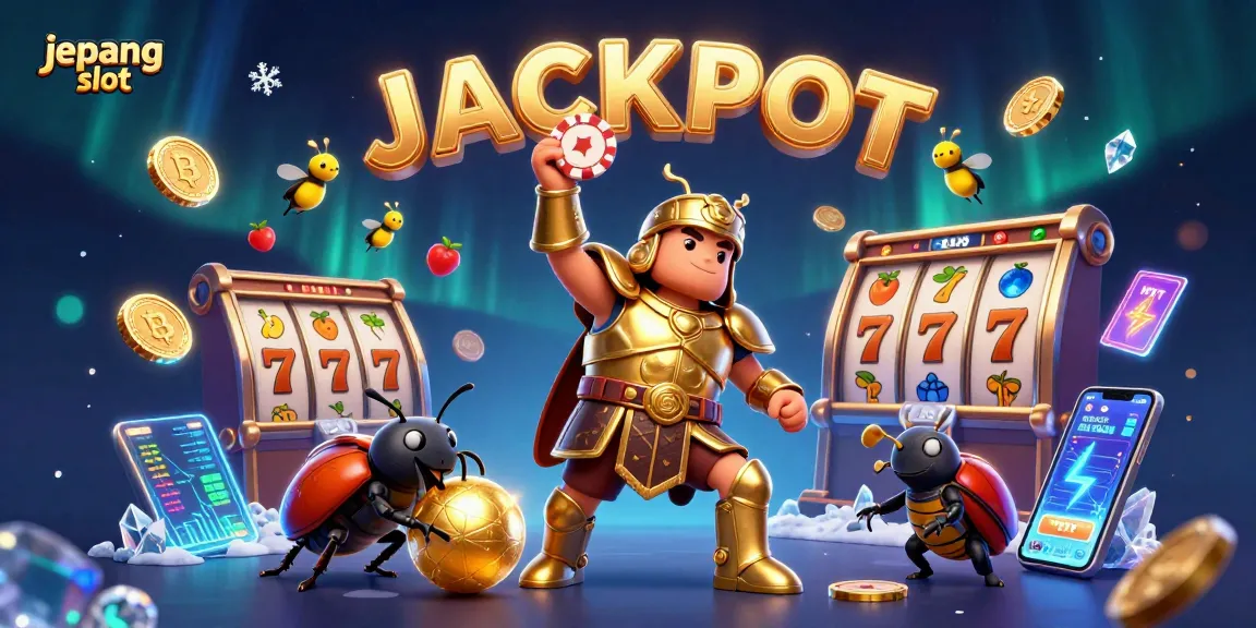 Experience the thrills of Jepang slot with vibrant visuals depicting a beetle celebrating a jackpot in a casino setting.