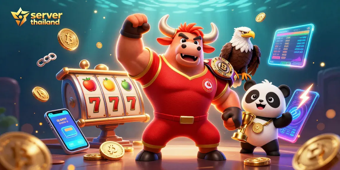Engage with the vibrant server thailand gaming scene featuring a victorious bull mascot, eagle, and panda among slot reels and crypto coins.