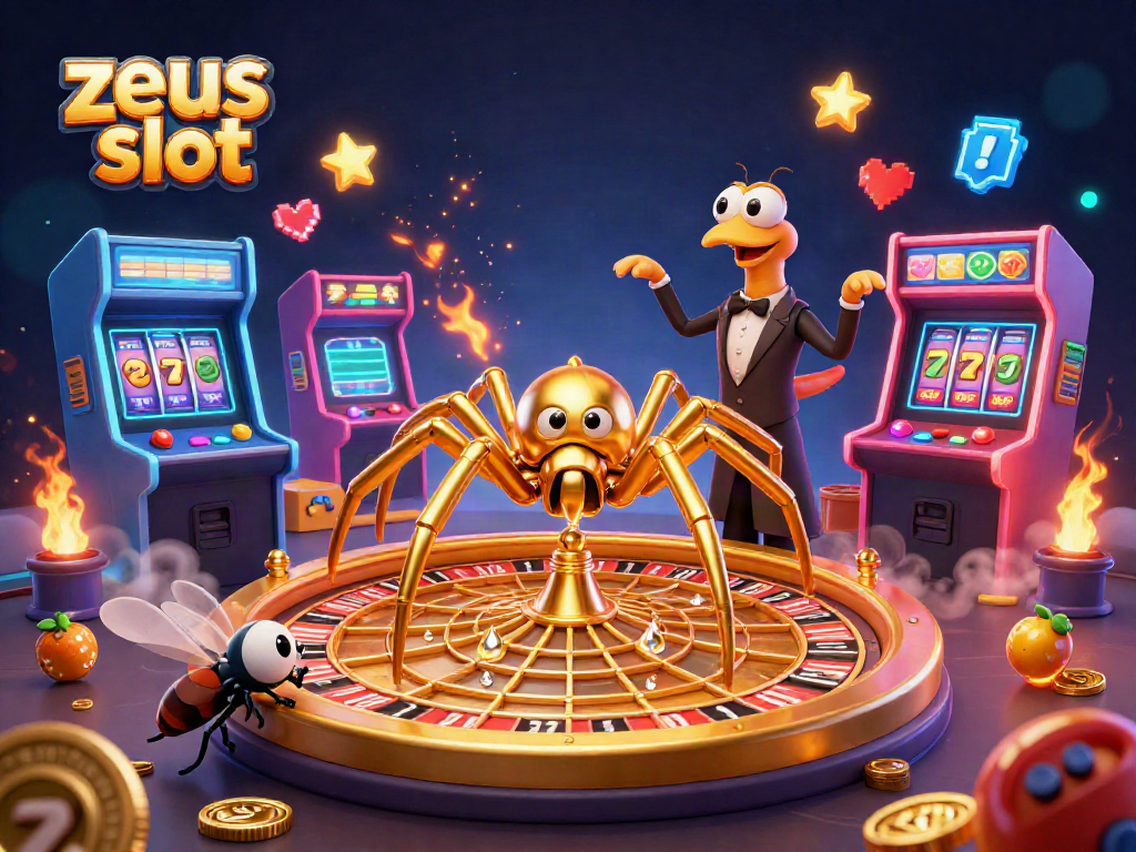 Engage with zeus slot action featuring a golden spider and a centipede croupier in a vibrant casino scene.