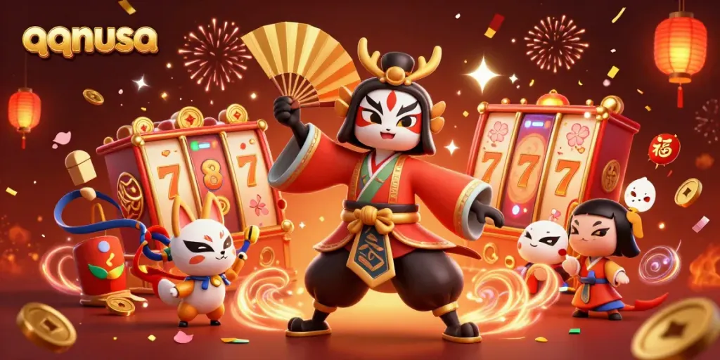 Experience the excitement of qqnusa with vibrant slot reels and festive elements in a captivating casino scene.