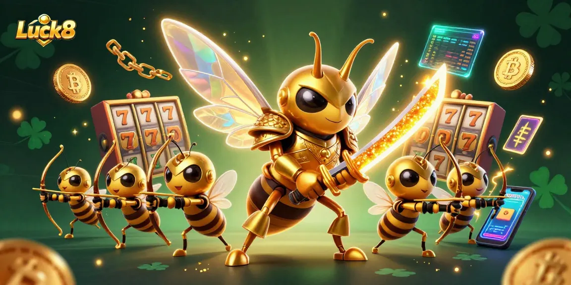 Experience thrilling slots with Luck8 as giant hornet samurai wields golden katanas in a digital casino.