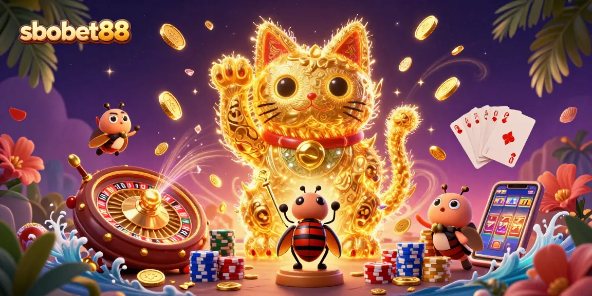 Experience the excitement of sbobet88 with vibrant casino symbols and a lucky cat!