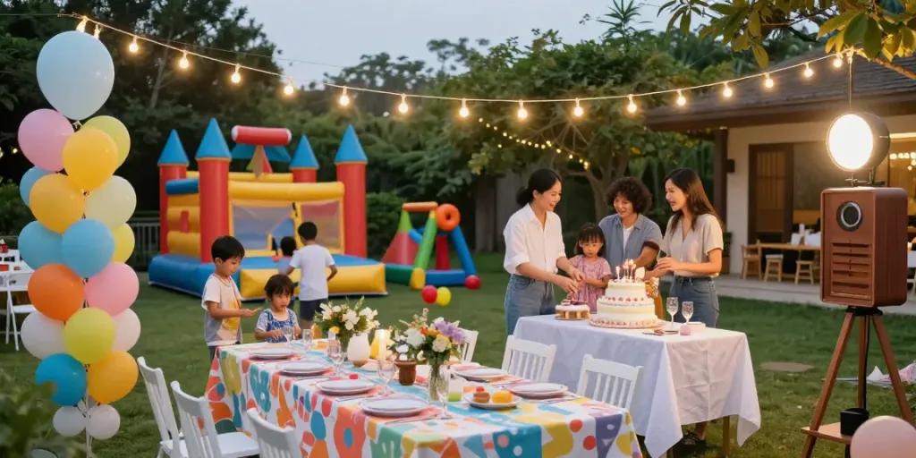 Vibrant outdoor event rentals with balloons and joyful family celebration.