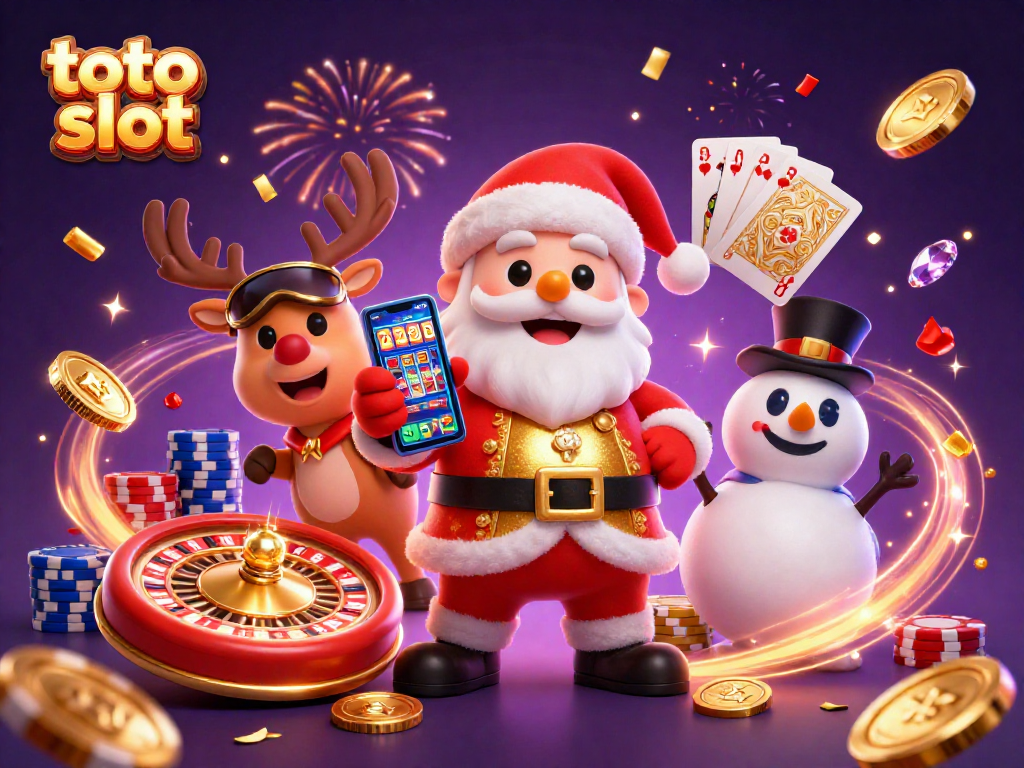 Experience thrilling toto slot action with Santa Claus, reindeer, and snowman in a festive casino scene.