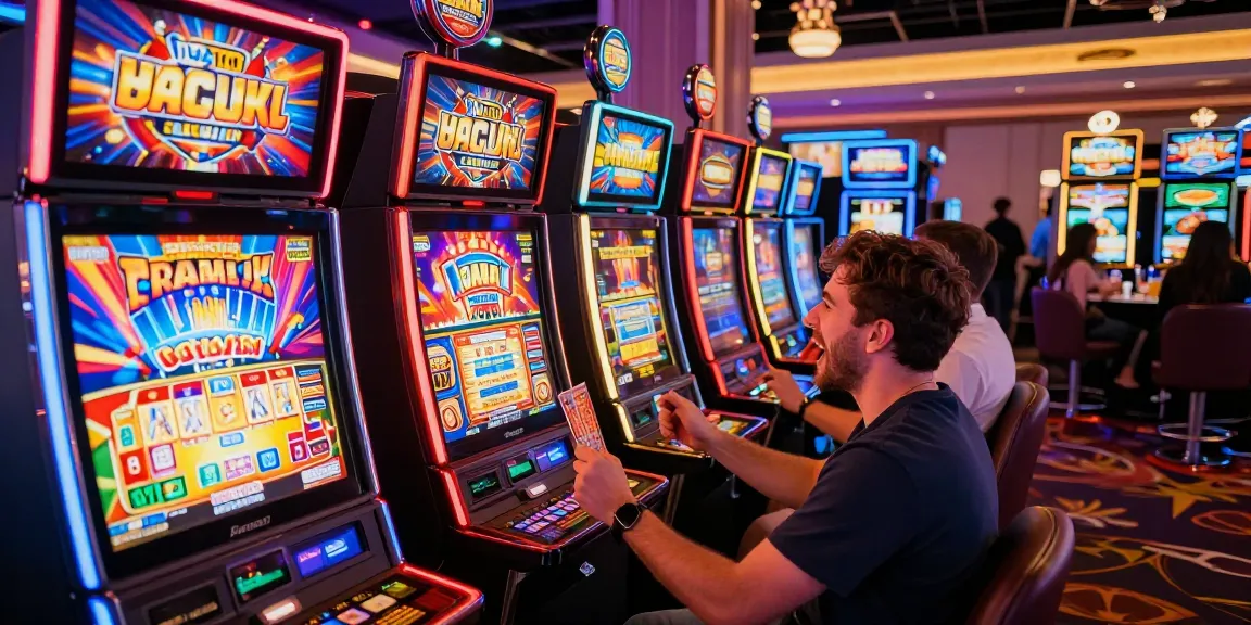 Seorang pemain slot merayakan kemenangan di mesin slot dalam suasana kasino yang meriah.