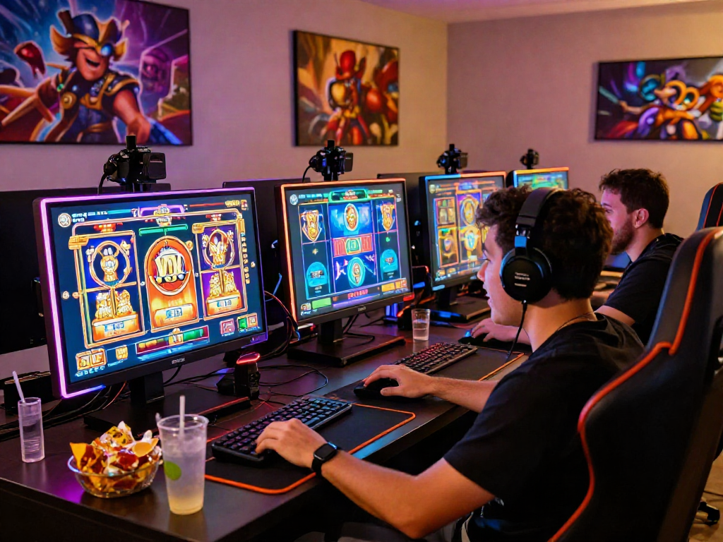 Excited player engaging with bandar slot in a vibrant online gaming setup.