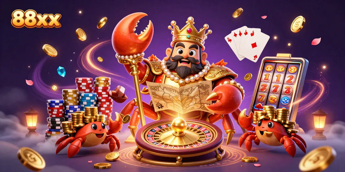 Experience the exciting 88xx casino atmosphere with the golden crab emperor surrounded by treasure and winnings.