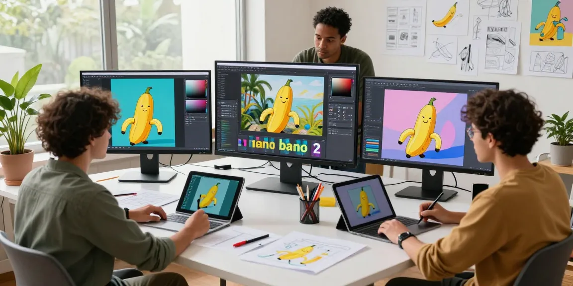 Artists collaborating in a vibrant workspace using nano banana 2 for AI image editing.