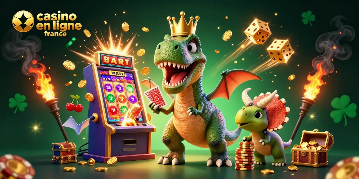 Jouez à des jeux au casino en ligne France avec un T-Rex en couronne, des cartes de poker et des jetons d'or.
