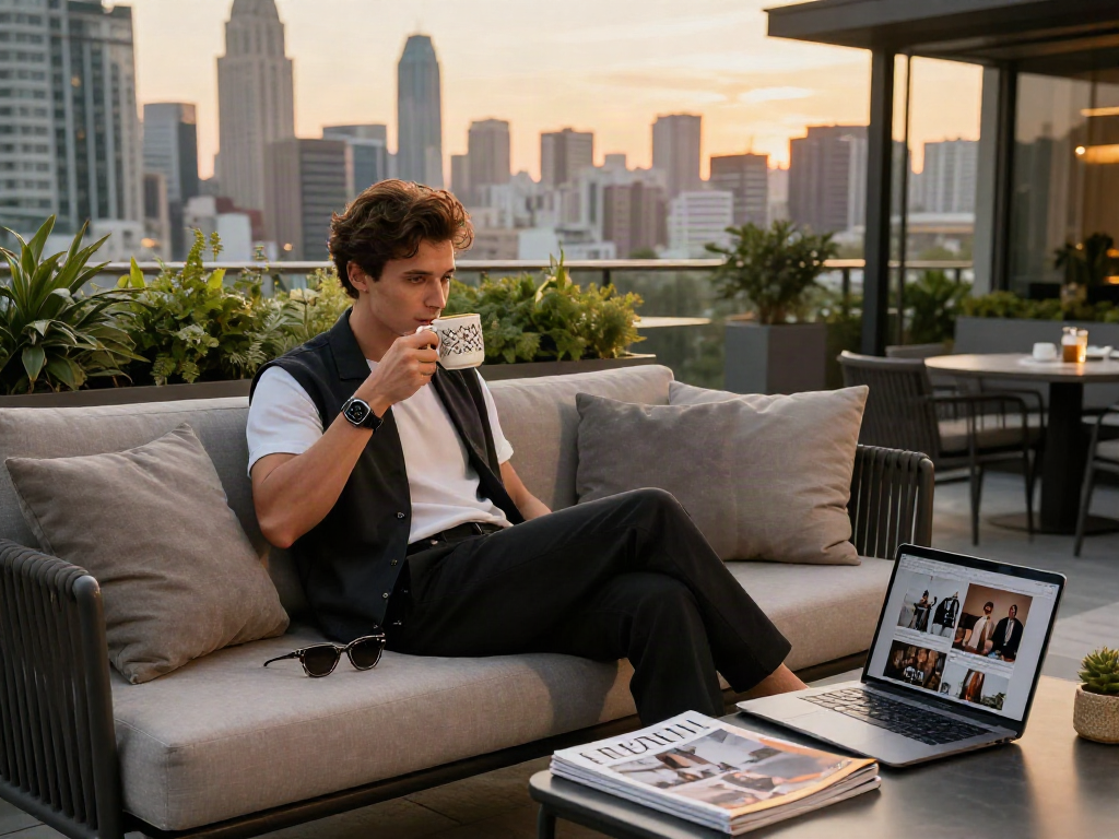 Momen gaya hidup mewah dengan luxury111 di teras apartemen urban yang stylish.