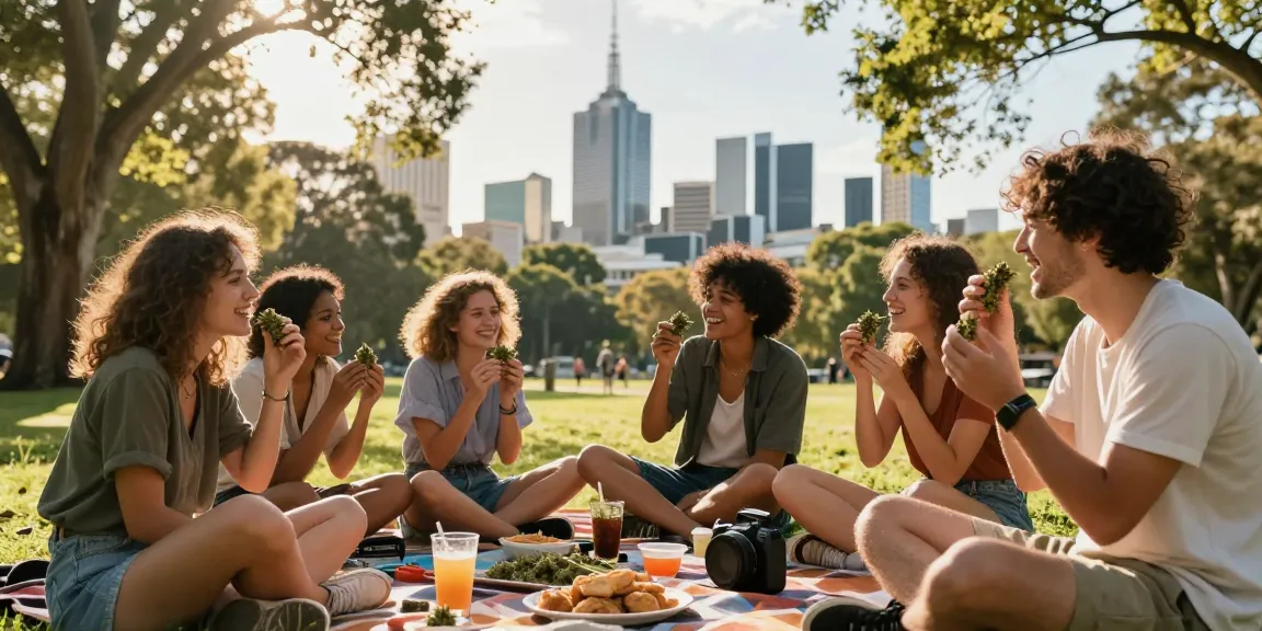 Friends enjoying high-grade weed in Melbourne's vibrant park, exploring Where Can I Find High Grade Weed In Melbourne, Australia?