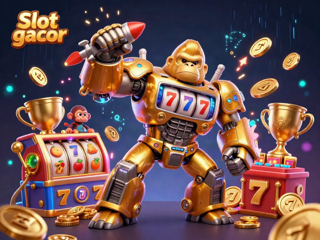 Experience slot gacor with a dynamic 3D illustration of a golden gorilla mech and colorful gaming elements.
