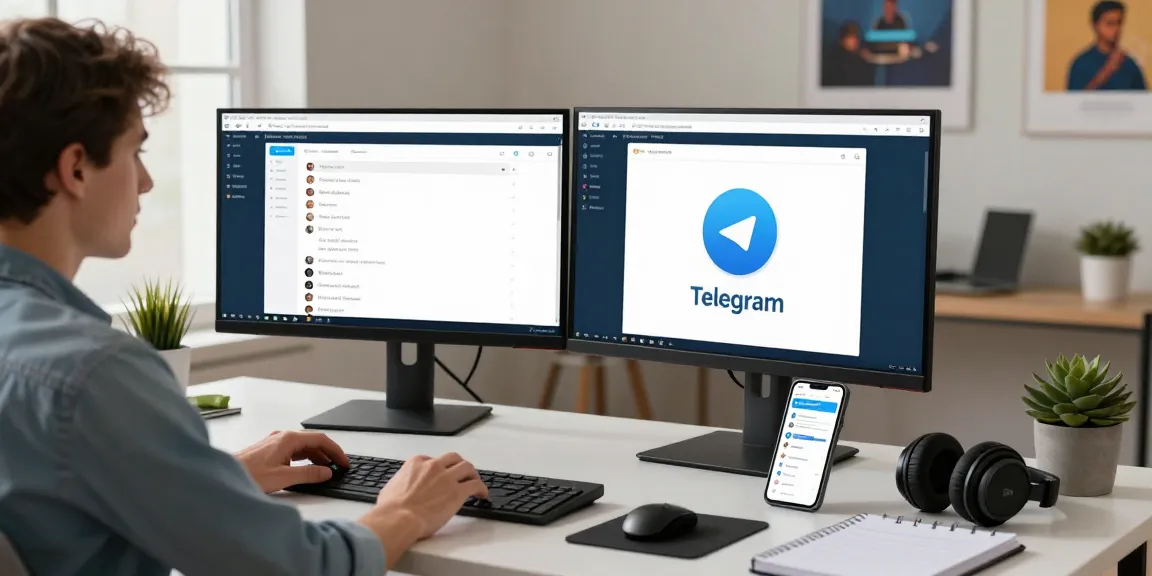 Engaged user at home office using telegramin-cn.com on dual monitors while managing work tasks.