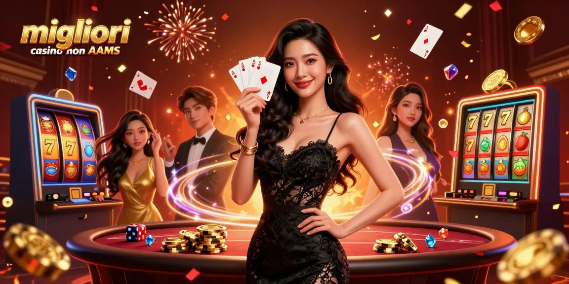 I migliori casino non AAMS mostrano due personaggi eleganti in un ambiente di casinò lussuoso, con slot machine e vivaci elementi di gioco.