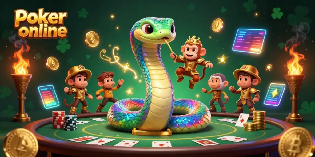 Experience poker online with vibrant 3D characters, including a rainbow serpent and a monkey king, amidst dynamic casino elements.