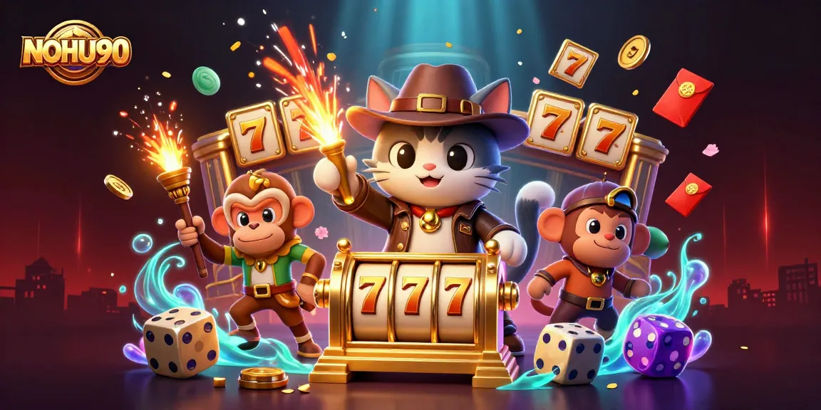 Experience the thrill of NOHU90 slots with animated characters in a vibrant casino environment.