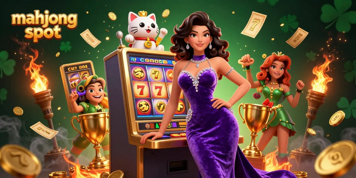 Immerse in the mahjong slot experience with a glamorous scene featuring a jackpot woman and fortune cat.
