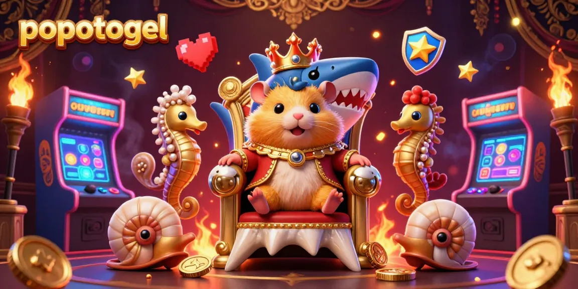 Experience vibrant gaming with popotogel in this rich 3D illustration featuring a hamster king and arcade elements.