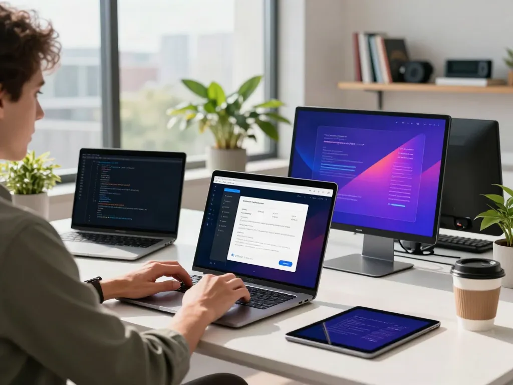Person using the Brave browser in a modern tech workspace, showcasing privacy-focused web browsing.
