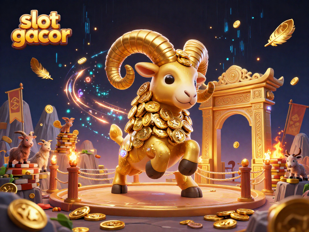 Experience thrilling slot gacor action with our 3D animated scene featuring a golden ram charging through a dramatic casino setting.