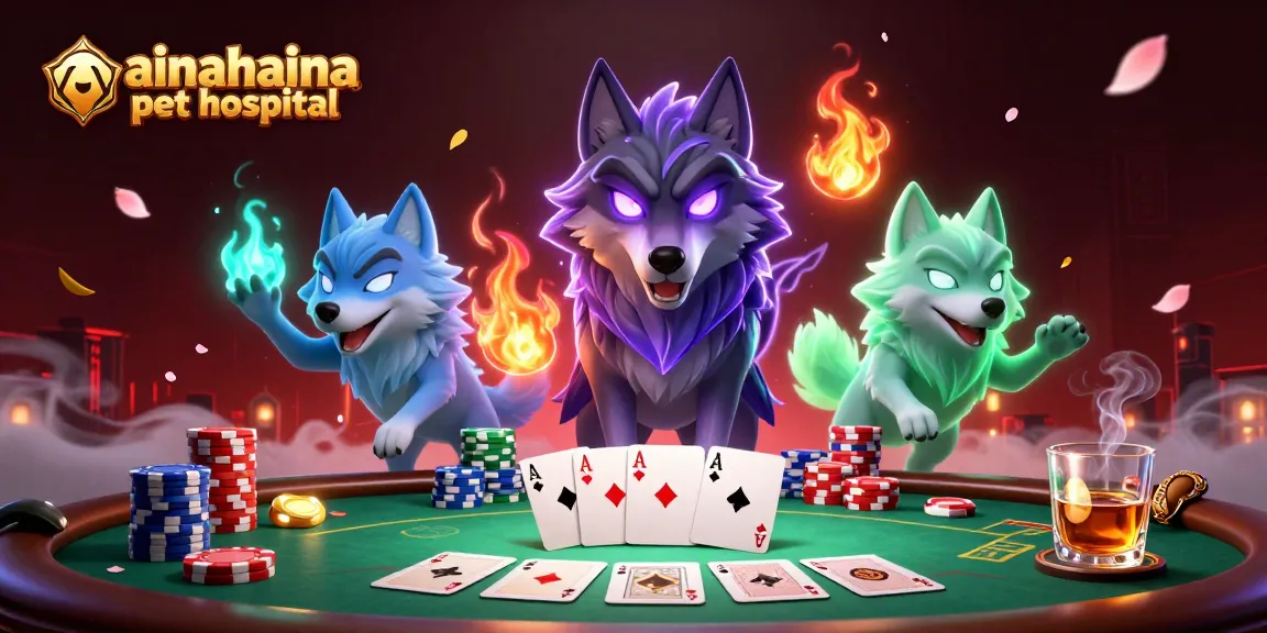 Engage with thrilling poker action at ainahaina pet hospital, featuring dynamic characters and chip stacks.