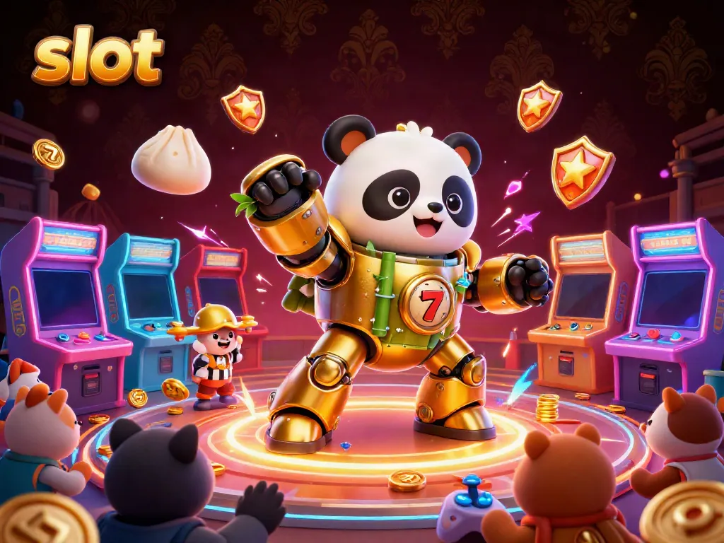 Permainan slot menampilkan panda emas berpakaian mech dan elemen mesin slot yang menarik.