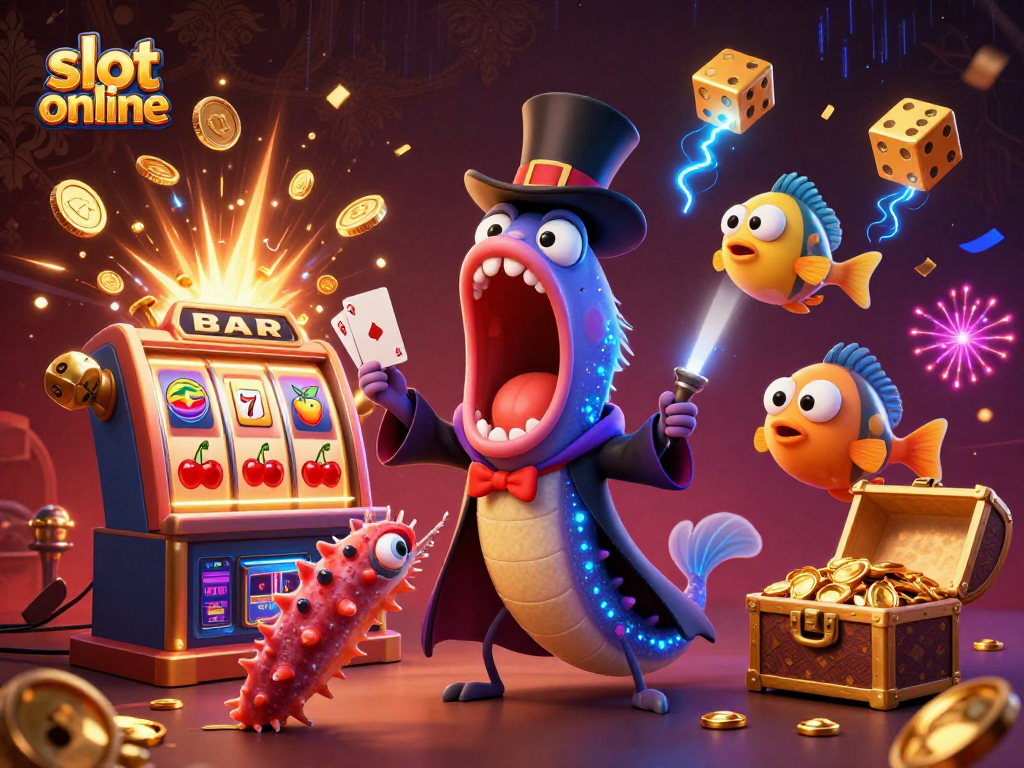 Engage in thrilling slot online adventures with a vibrant, animated casino illustration.