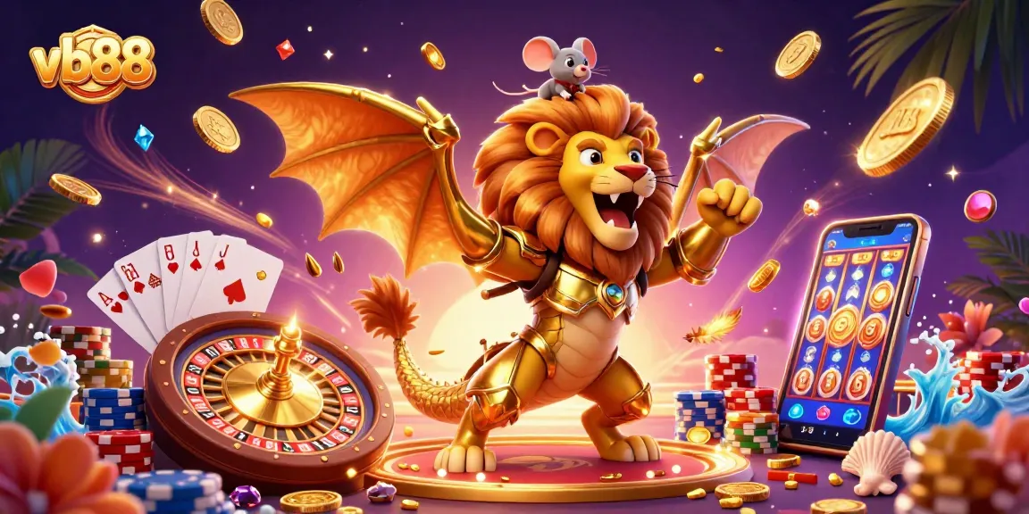 Experience the excitement of vb88 with vibrant casino elements and a roaring chimera in an action-packed illustration.