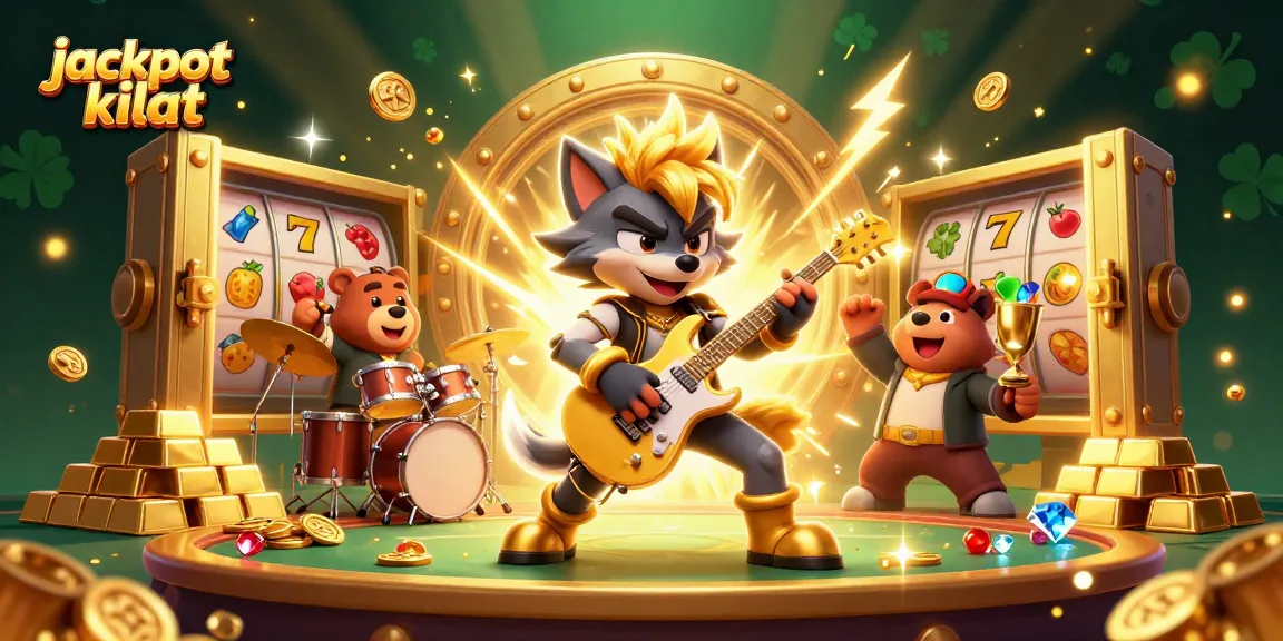 Experience jackpot kilat thrills with a vibrant casino scene featuring a rock star wolf and a drummer bear.