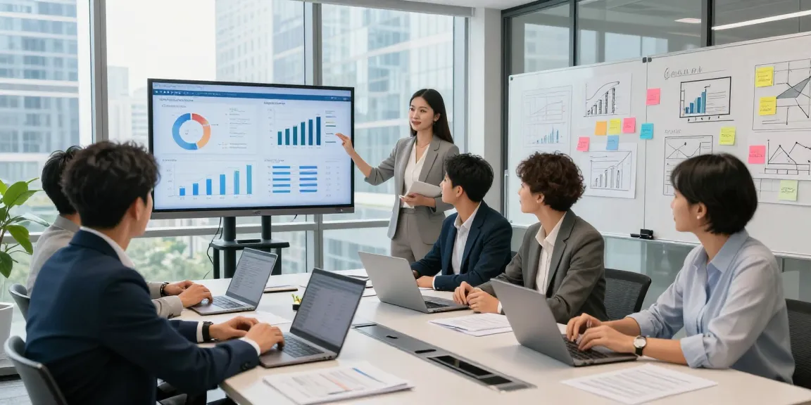This page depicts a diverse team collaborating in a modern corporate office, engaged in strategic planning with data analytics displayed.