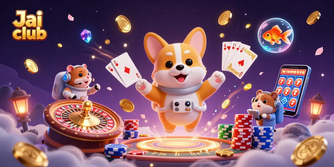 Jai club space casino adventure with floating corgi, hamster, and goldfish amidst flying coins and gaming elements.